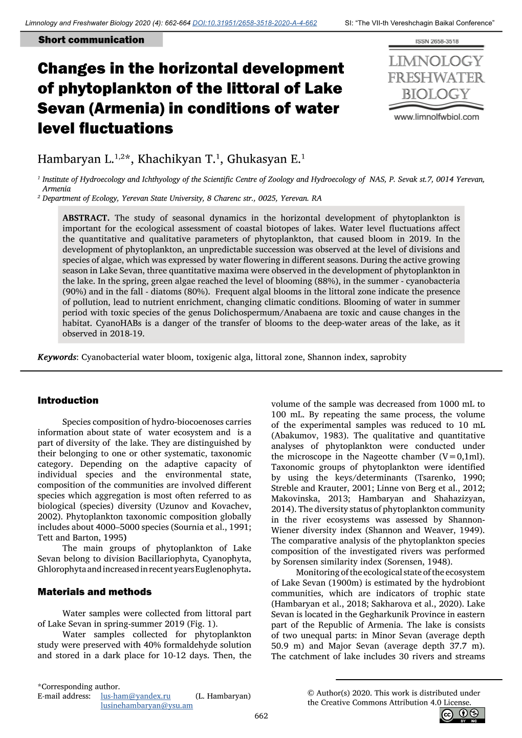 Changes in the Horizontal Development of Phytoplankton of the Littoral of Lake Sevan (Armenia) in Conditions of Water Level Fluctuations