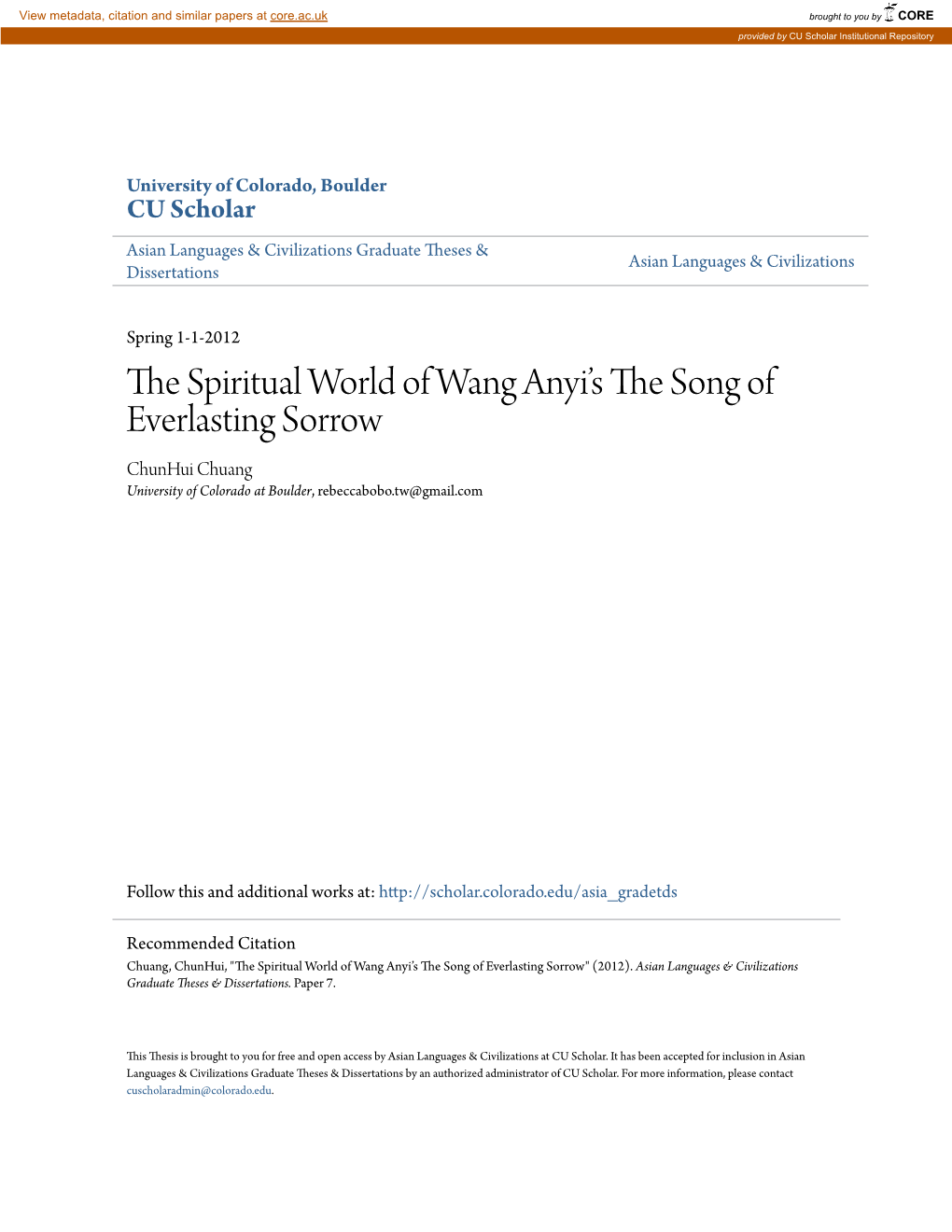 The Spiritual World of Wang Anyi's the Song of Everlasting Sorrow