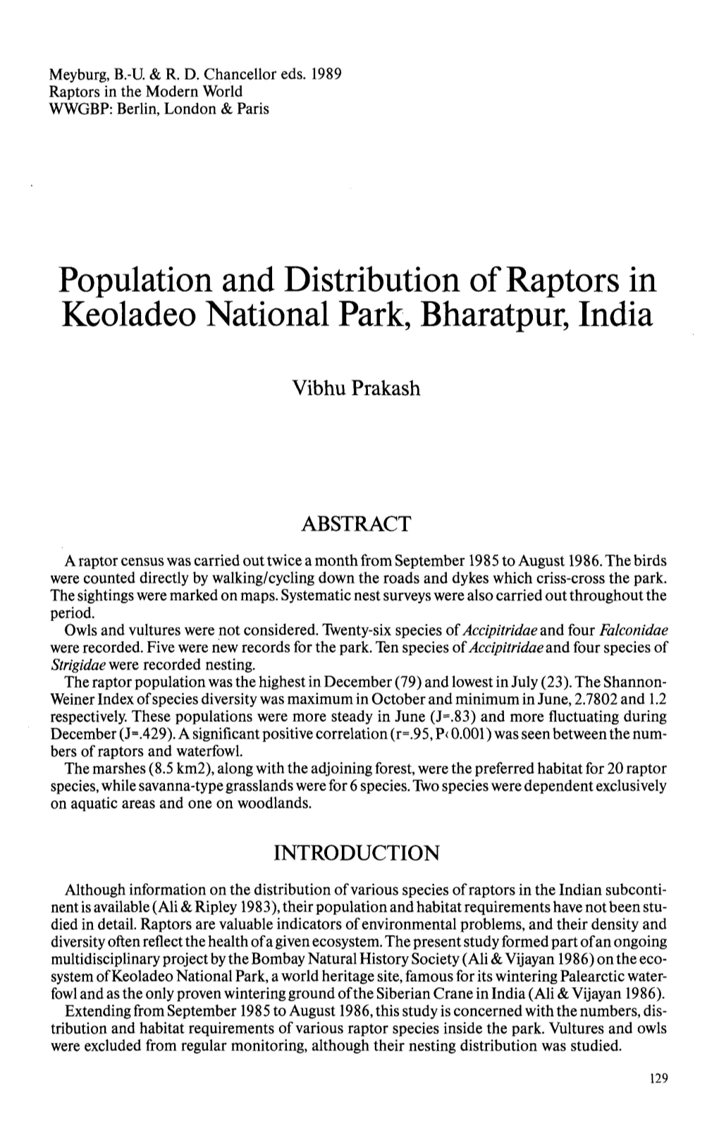 Population and Distribution of Raptors in Keoladeo National Park, Bharatpur, India