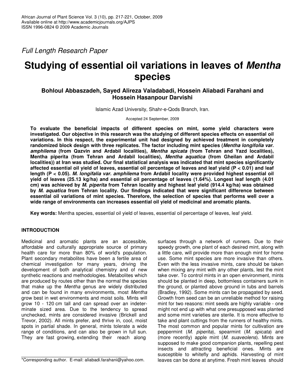 Studying of Essential Oil Variations in Leaves of Mentha Species