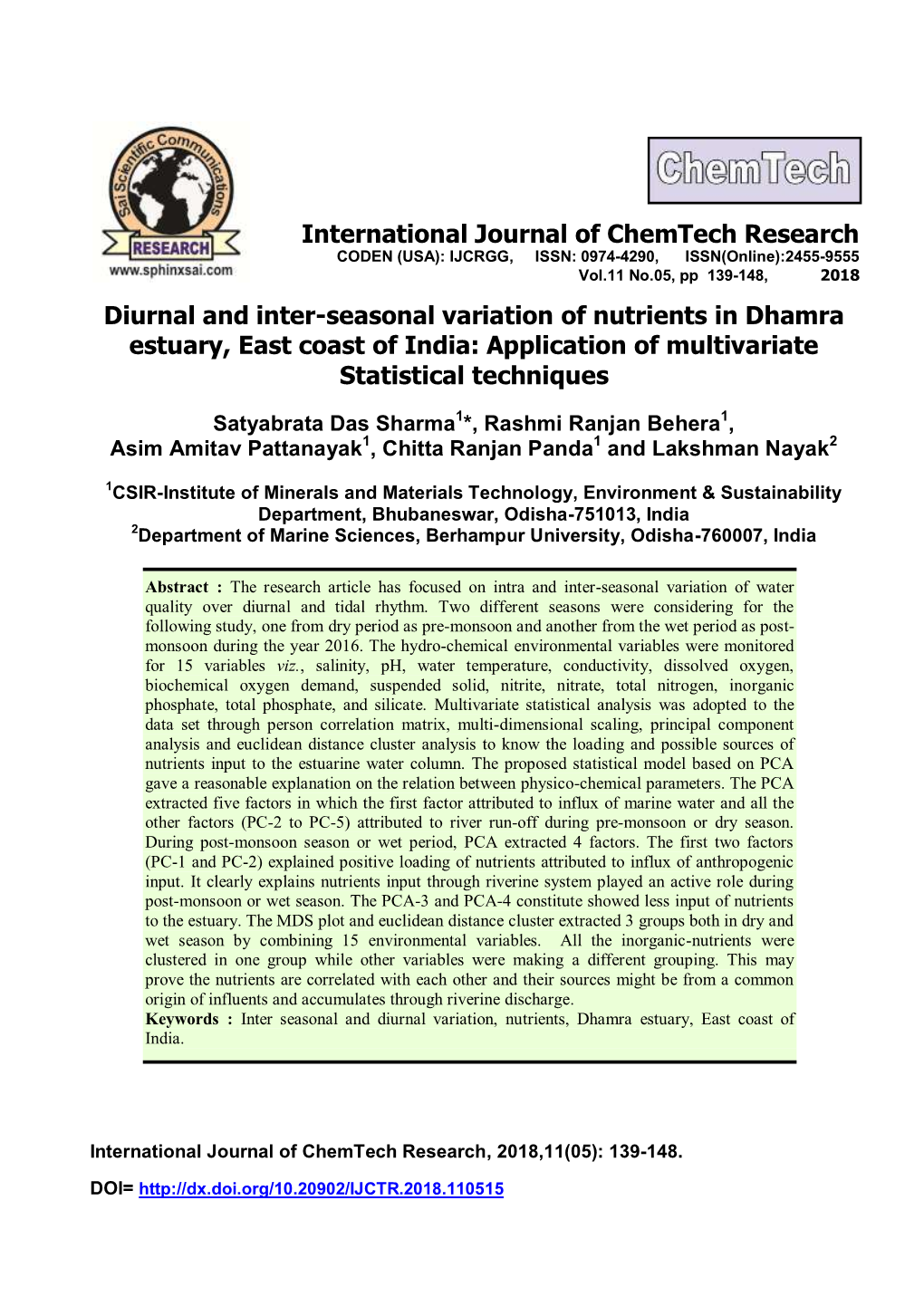 Diurnal and Inter-Seasonal Variation of Nutrients in Dhamra Estuary, East Coast of India: Application of Multivariate Statistical Techniques