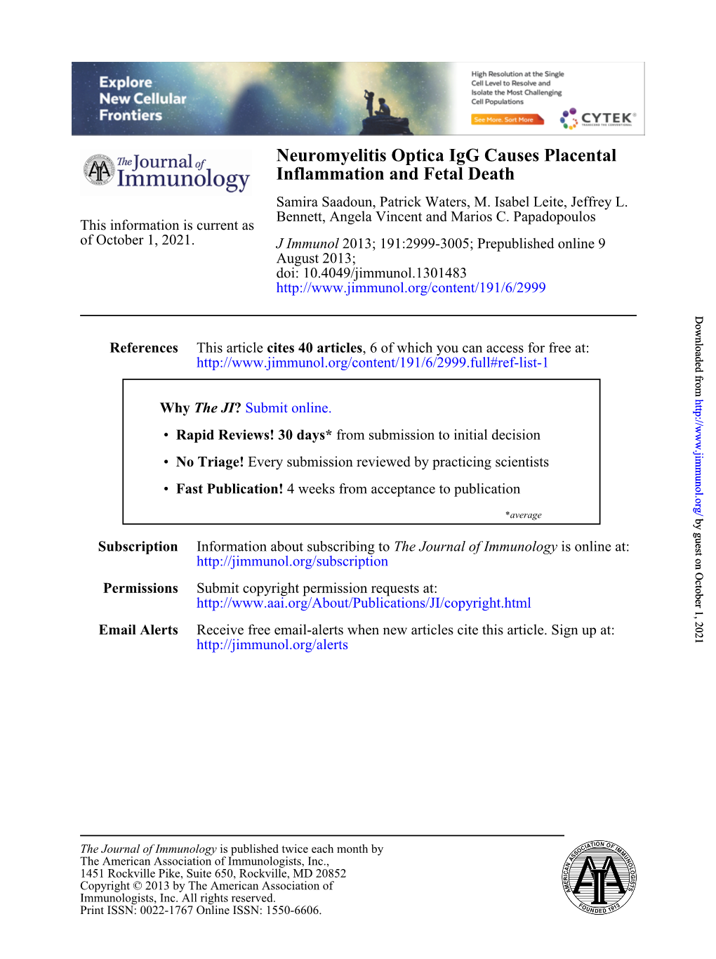 Neuromyelitis Optica Igg Causes Placental Inflammation and Fetal Death Samira Saadoun, Patrick Waters, M