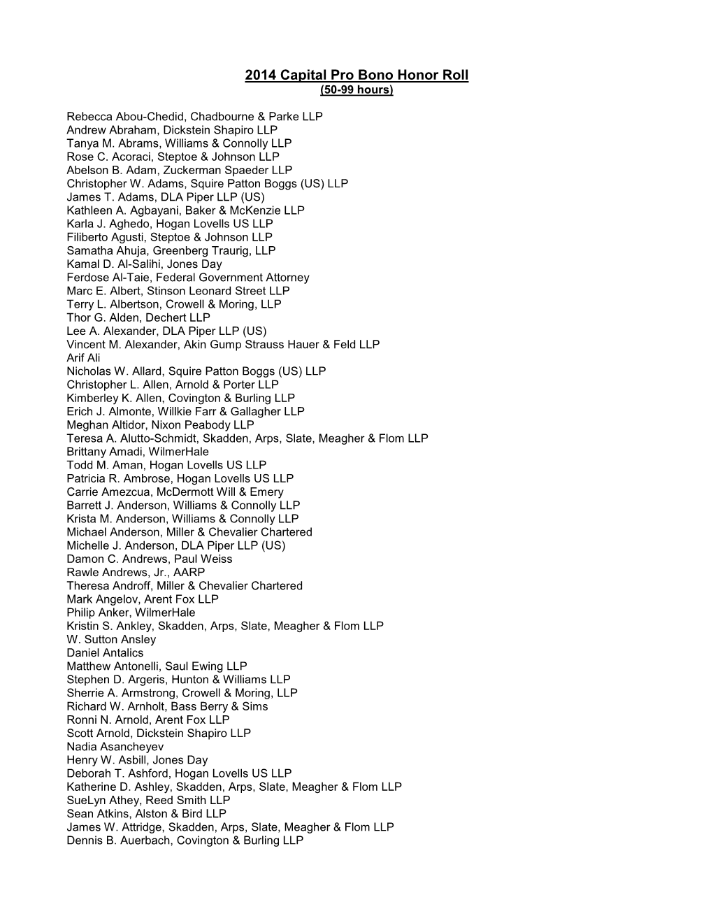 2014 Capital Pro Bono Honor Roll (50-99 Hours)