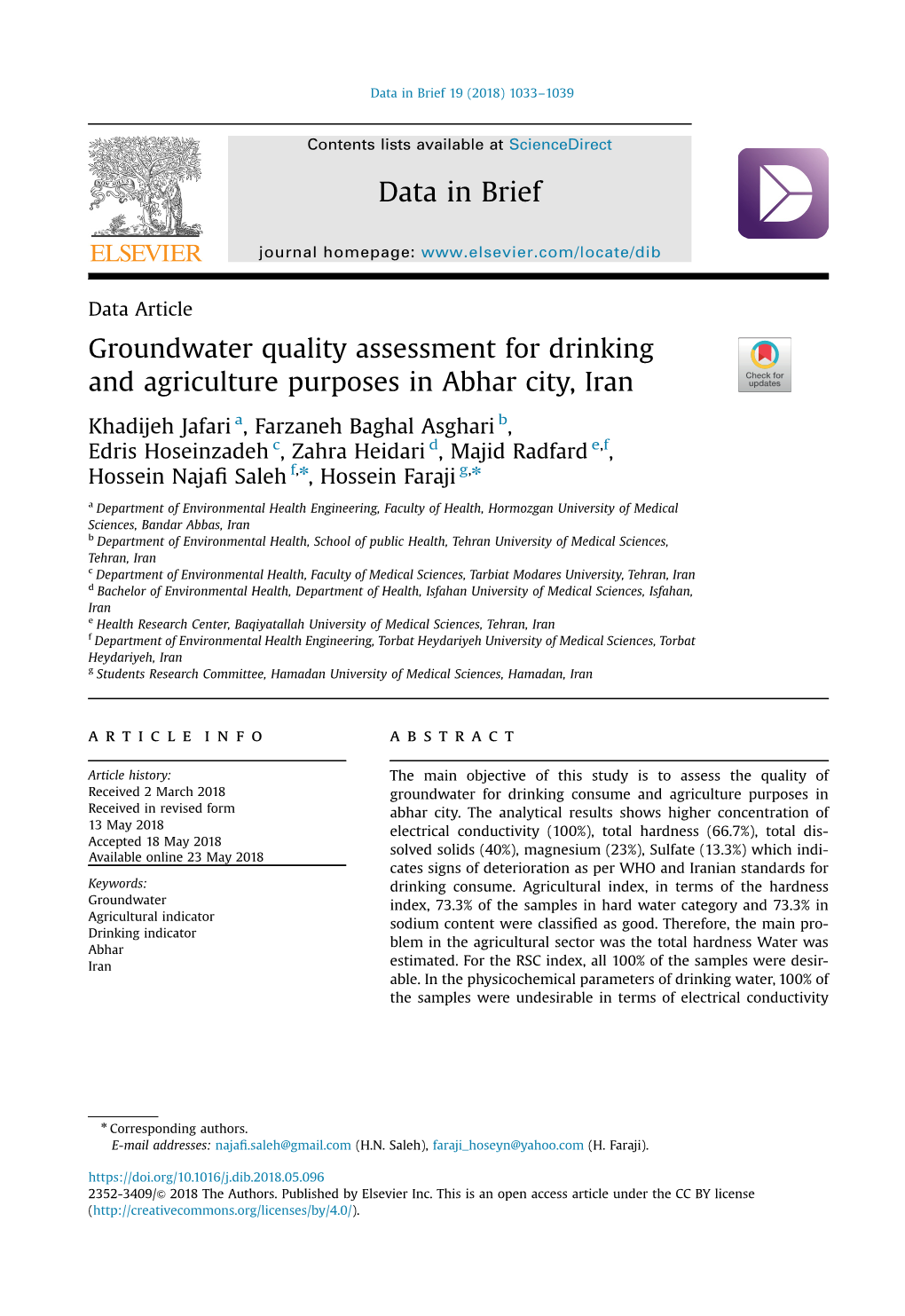 Groundwater Quality Assessment for Drinking and Agriculture Purposes in Abhar City, Iran