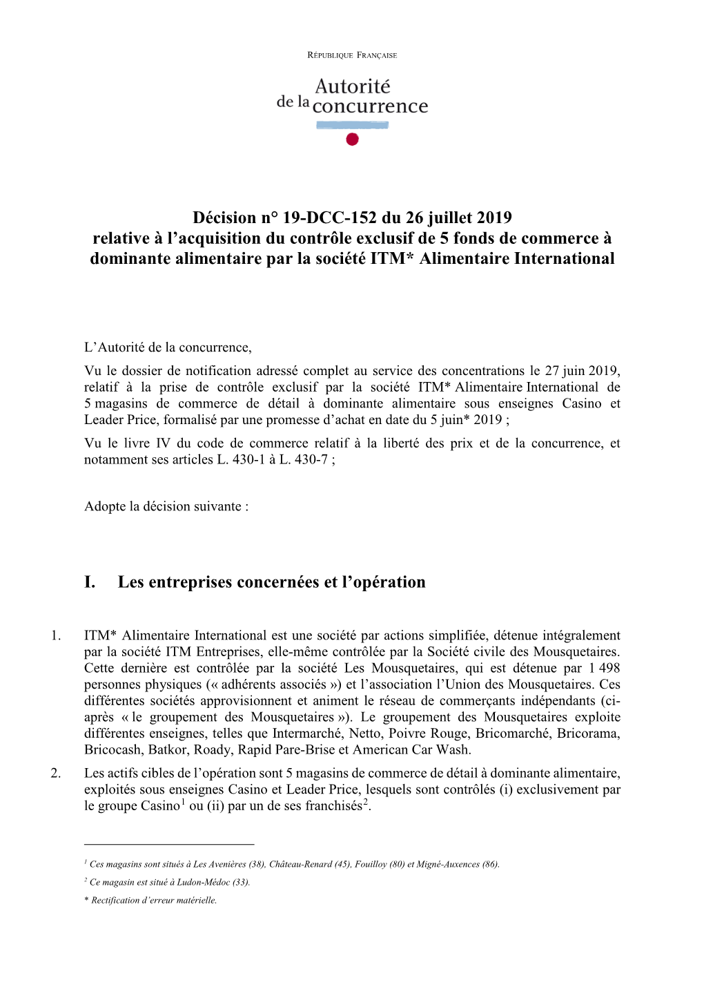 Décision N° 19-DCC-152 Du 26 Juillet 2019 Relative À L'acquisition Du