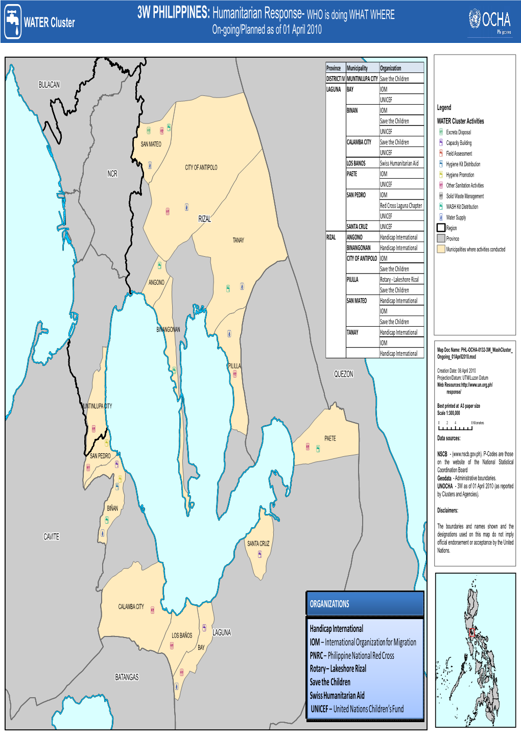 3W PHILIPPINES: Humanitarian Response- WHO Is Doing WHAT WHERE WATER Cluster K On-Going/Planned As of 01 April 2010