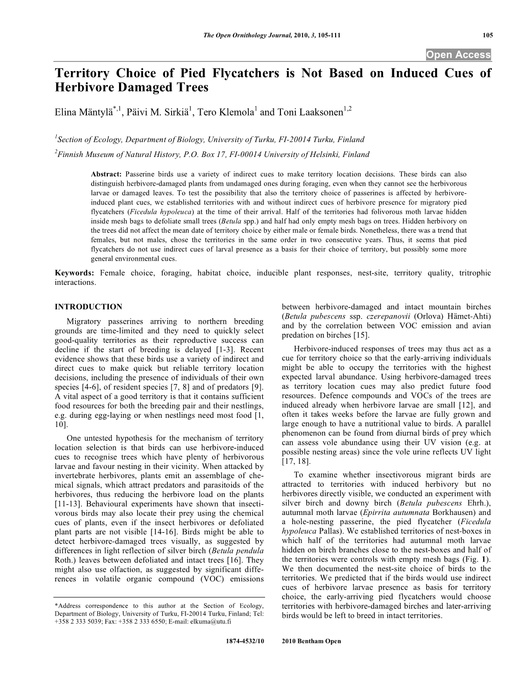 Territory Choice of Pied Flycatchers Is Not Based on Induced Cues of Herbivore Damaged Trees