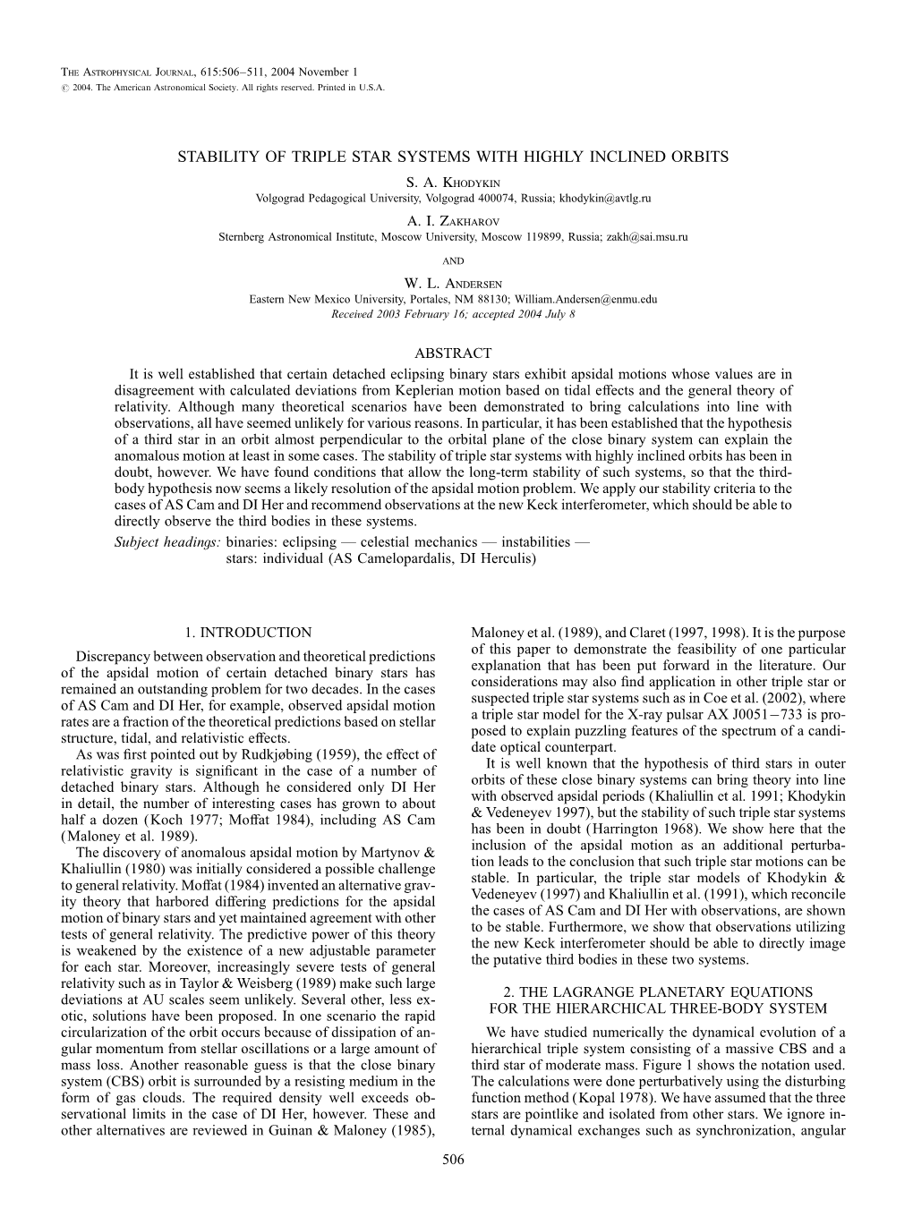 Stability of Triple Star Systems with Highly Inclined Orbits S