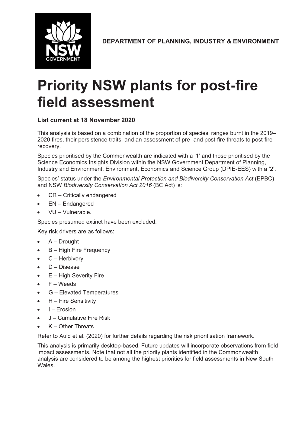 Priority NSW Plants for Post-Fire Field Assessment List Current at 18 November 2020