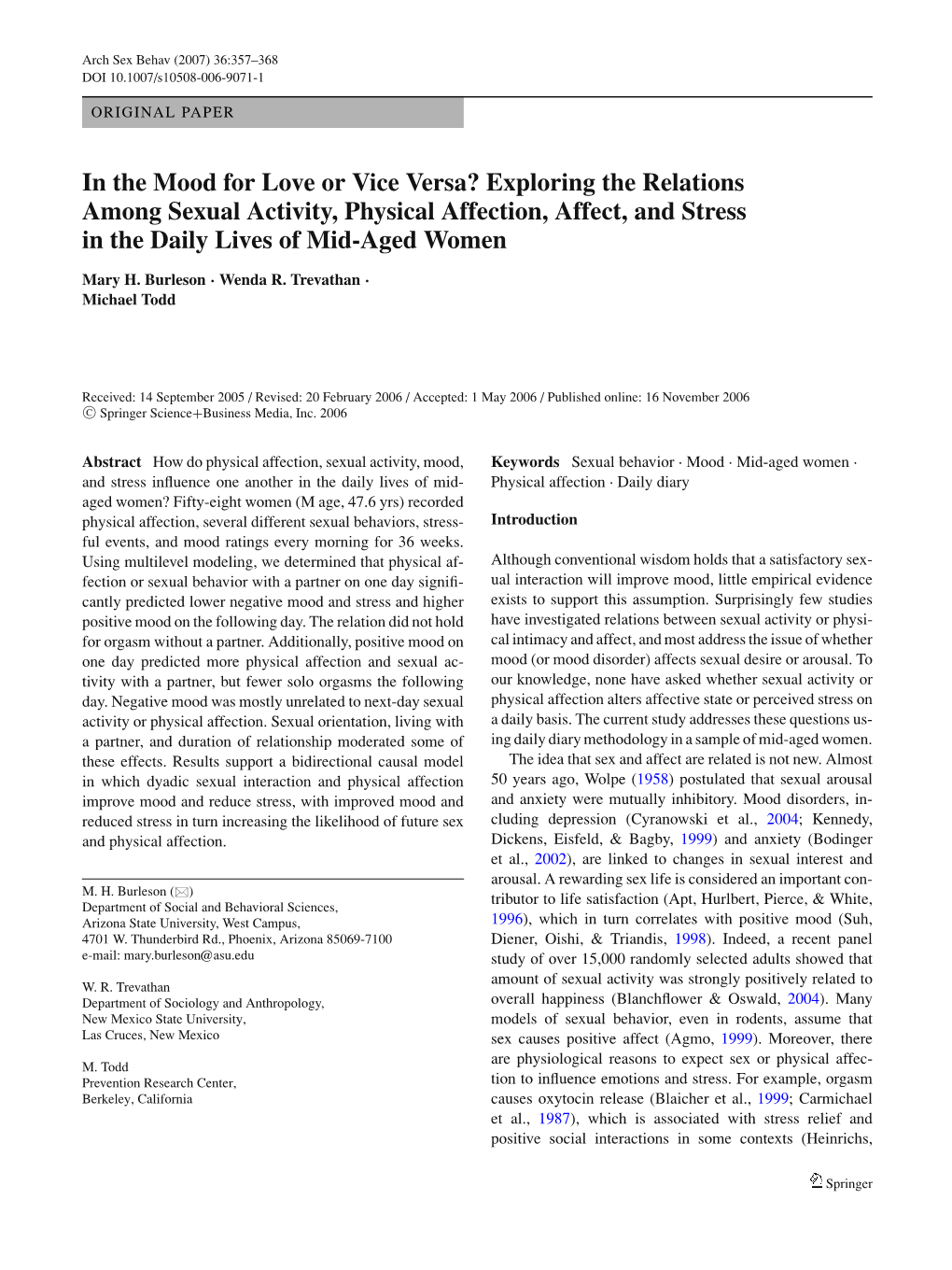 Exploring the Relations Among Sexual Activity, Physical Affection, Affect, and Stress in the Daily Lives of Mid-Aged Women