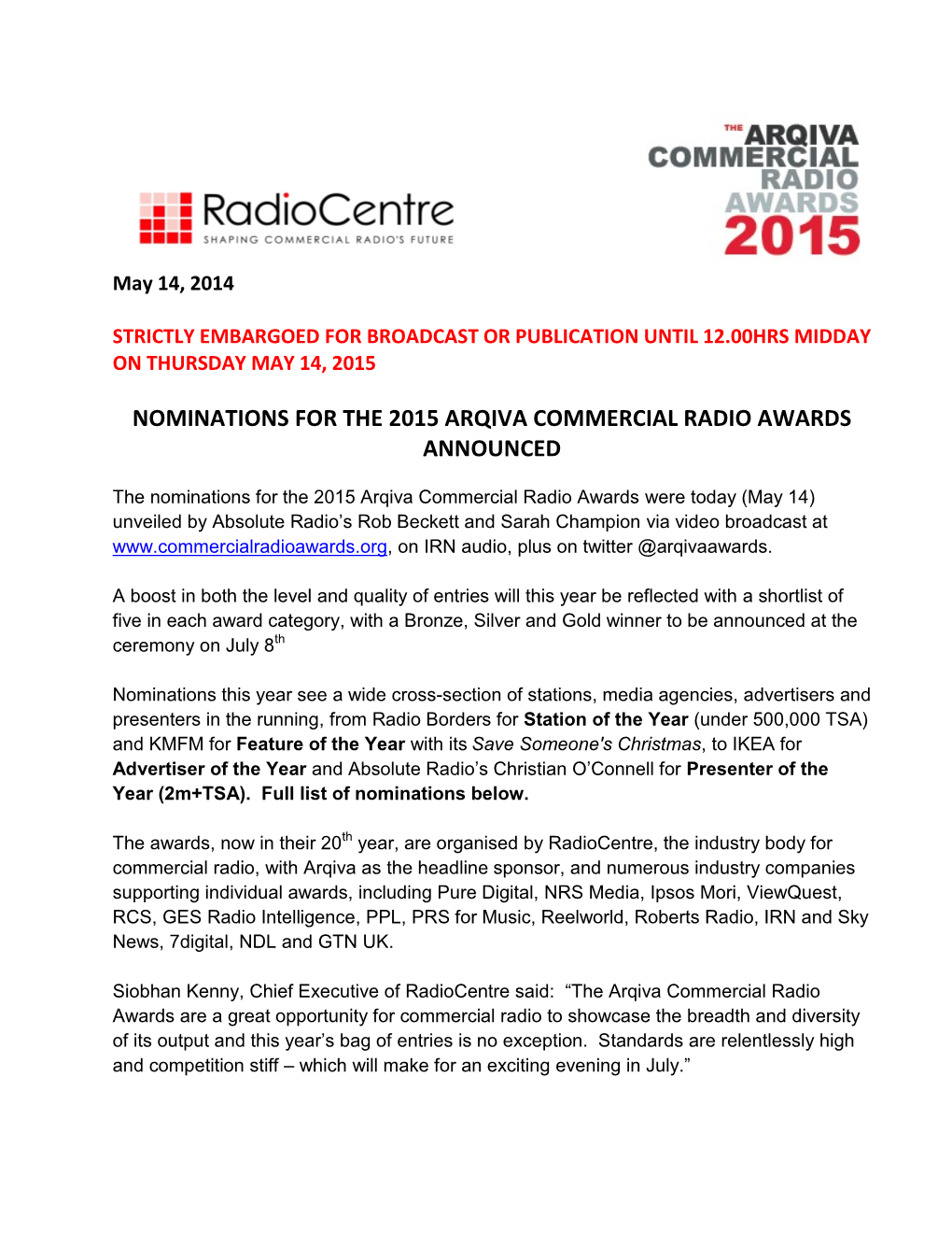 Nominations for the 2015 Arqiva Commercial Radio Awards Announced