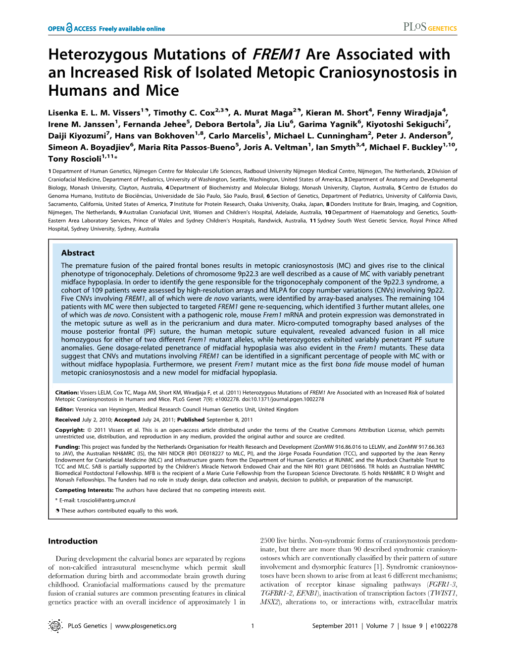 Heterozygous Mutations of FREM1 Are Associated with an Increased Risk of Isolated Metopic Craniosynostosis in Humans and Mice