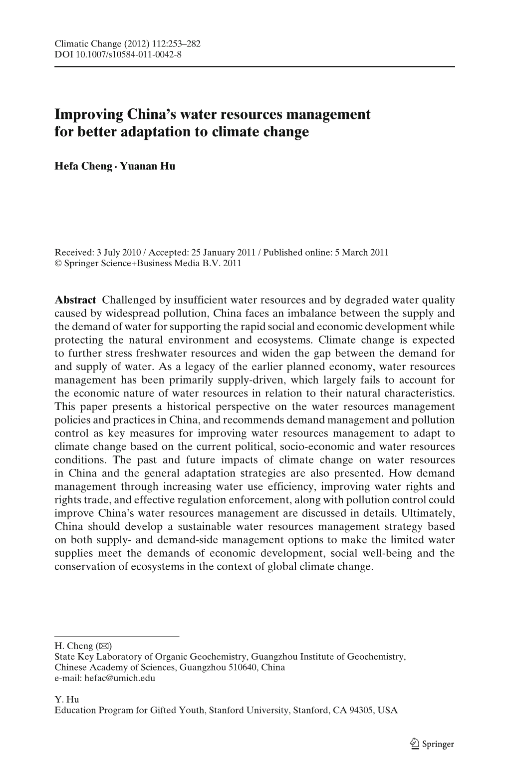 Cheng & Hu. 2012. China Water Resource Management