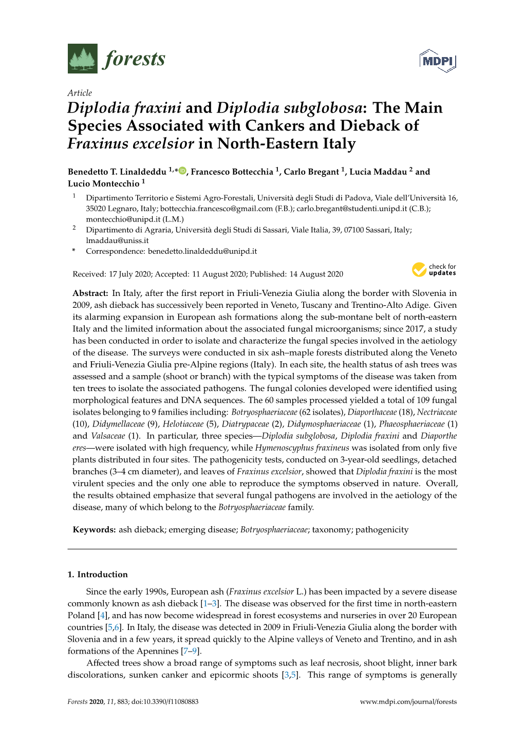 The Main Species Associated with Cankers and Dieback of Fraxinus Excelsior in North-Eastern Italy