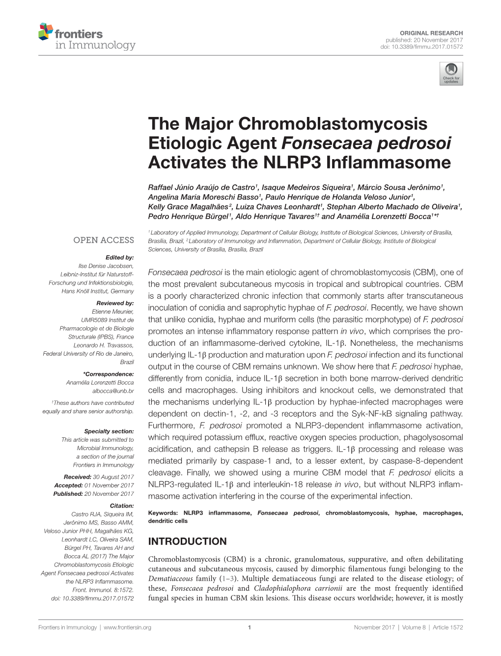 The Major Chromoblastomycosis Etiologic Agent Fonsecaea Pedrosoi Activates the NLRP3 Inflammasome