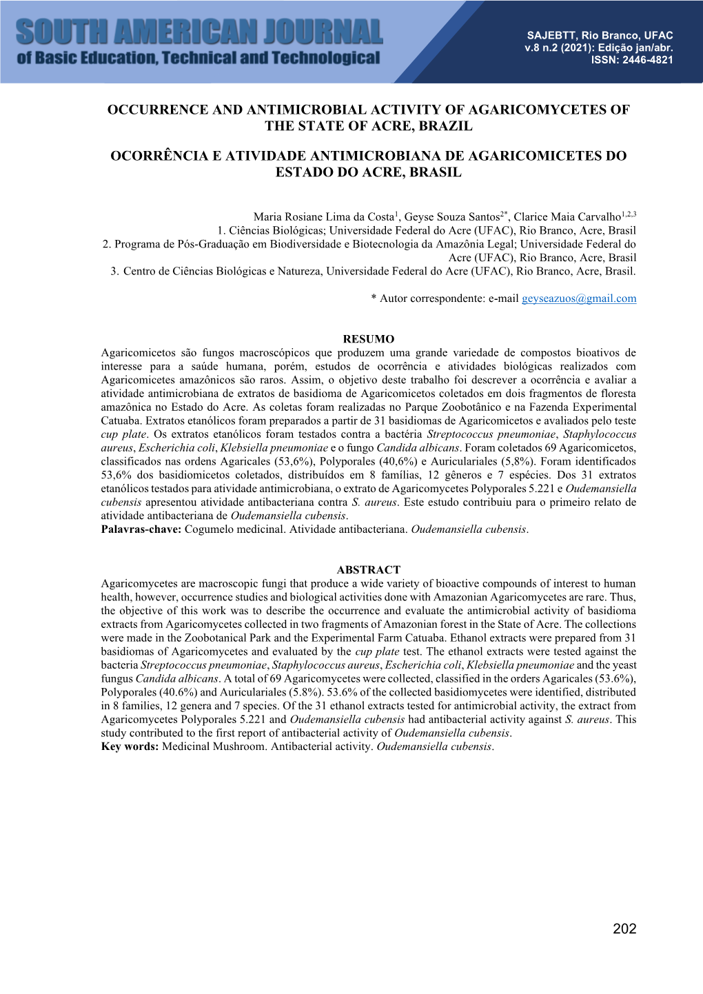 Occurrence and Antimicrobial Activity of Agaricomycetes of the State of Acre, Brazil