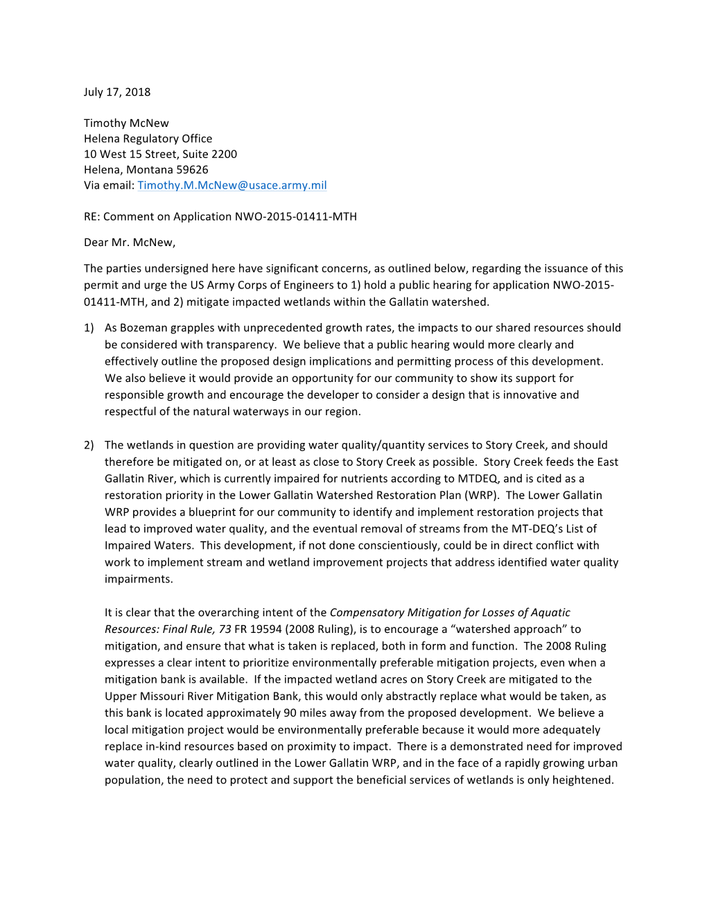 July 17, 2018 Timothy Mcnew Helena Regulatory Office 10 West 15 Street, Suite 2200 Helena, Montana 59626 Via Email