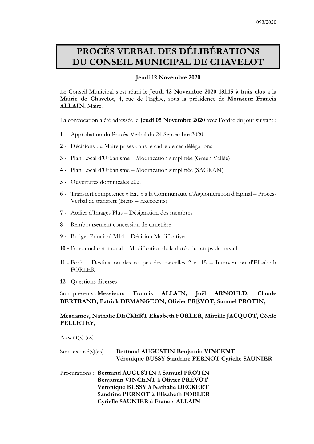 Procès Verbal Des Délibérations Du Conseil Municipal De Chavelot