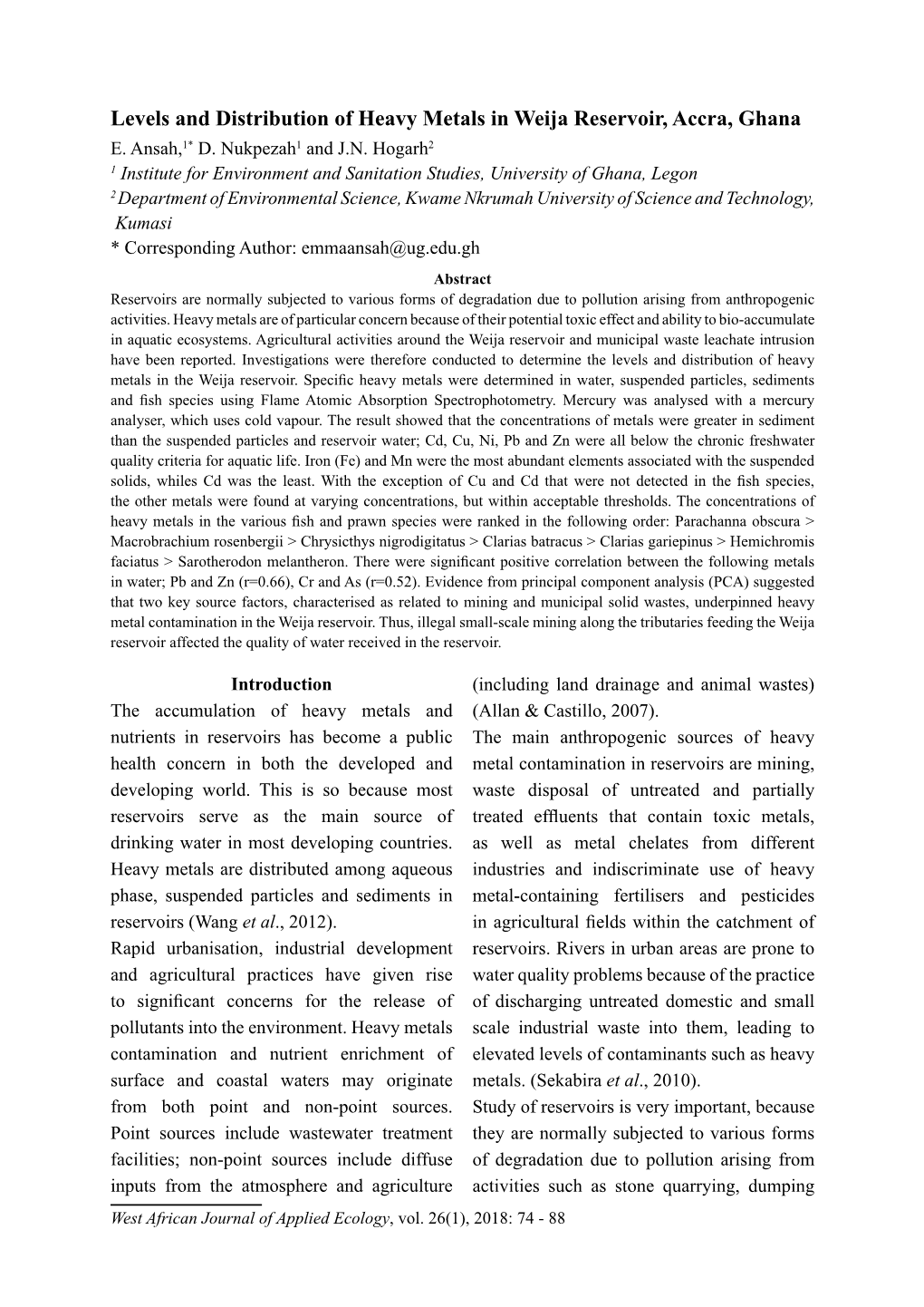 Levels and Distribution of Heavy Metals in Weija Reservoir, Accra, Ghana E