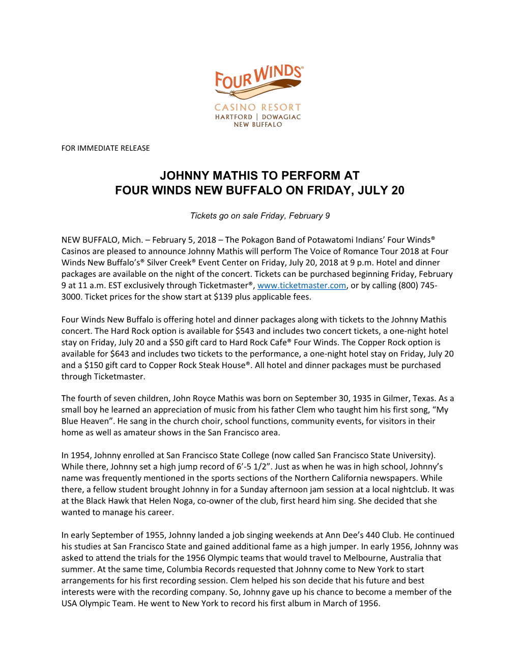 Johnny Mathis to Perform at Four Winds New Buffalo on Friday, July 20