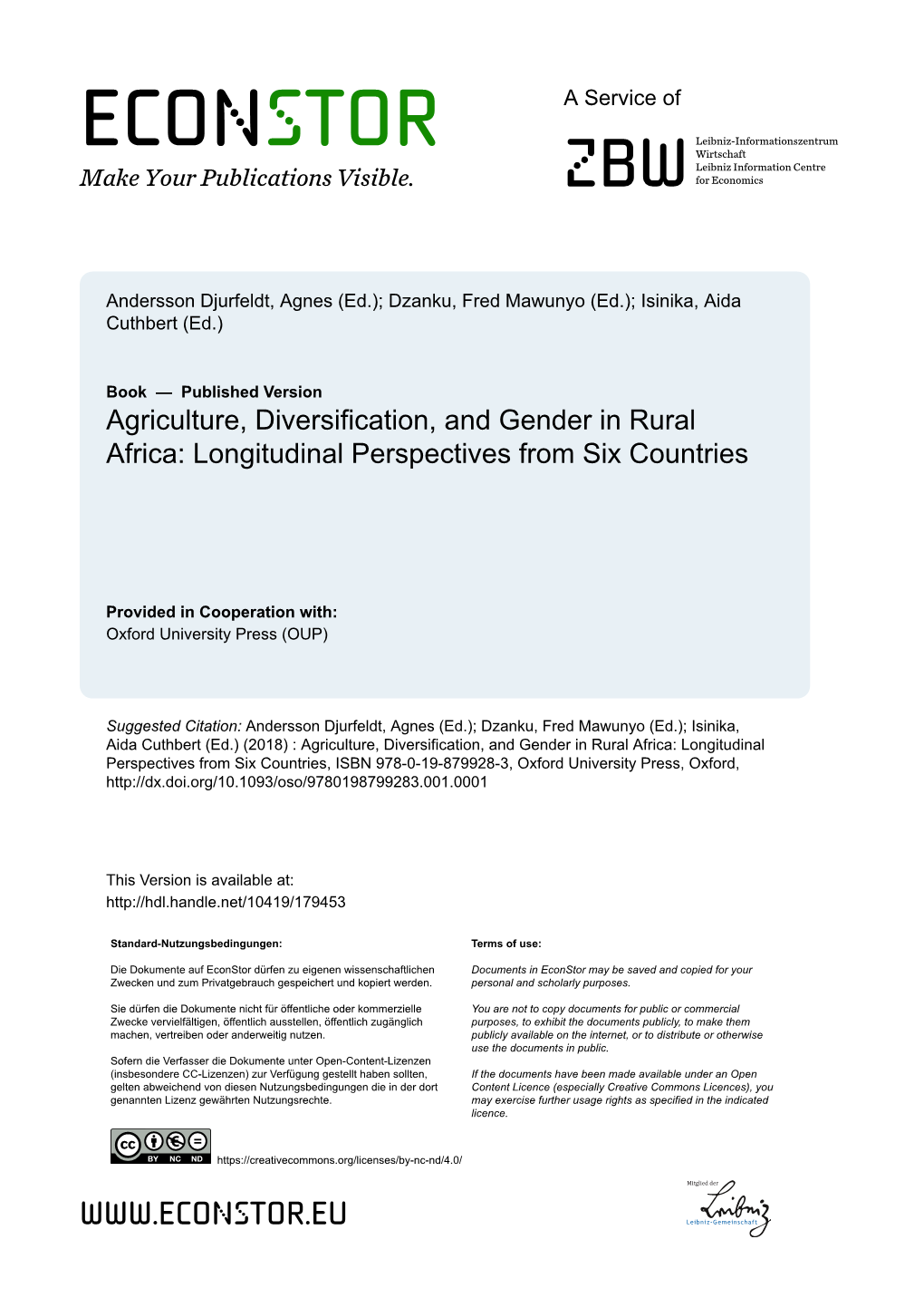 Agriculture, Diversification, and Gender in Rural Africa: Longitudinal Perspectives from Six Countries