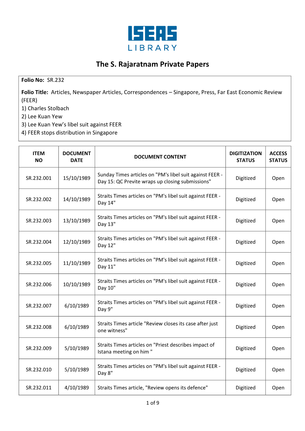 The S. Rajaratnam Private Papers