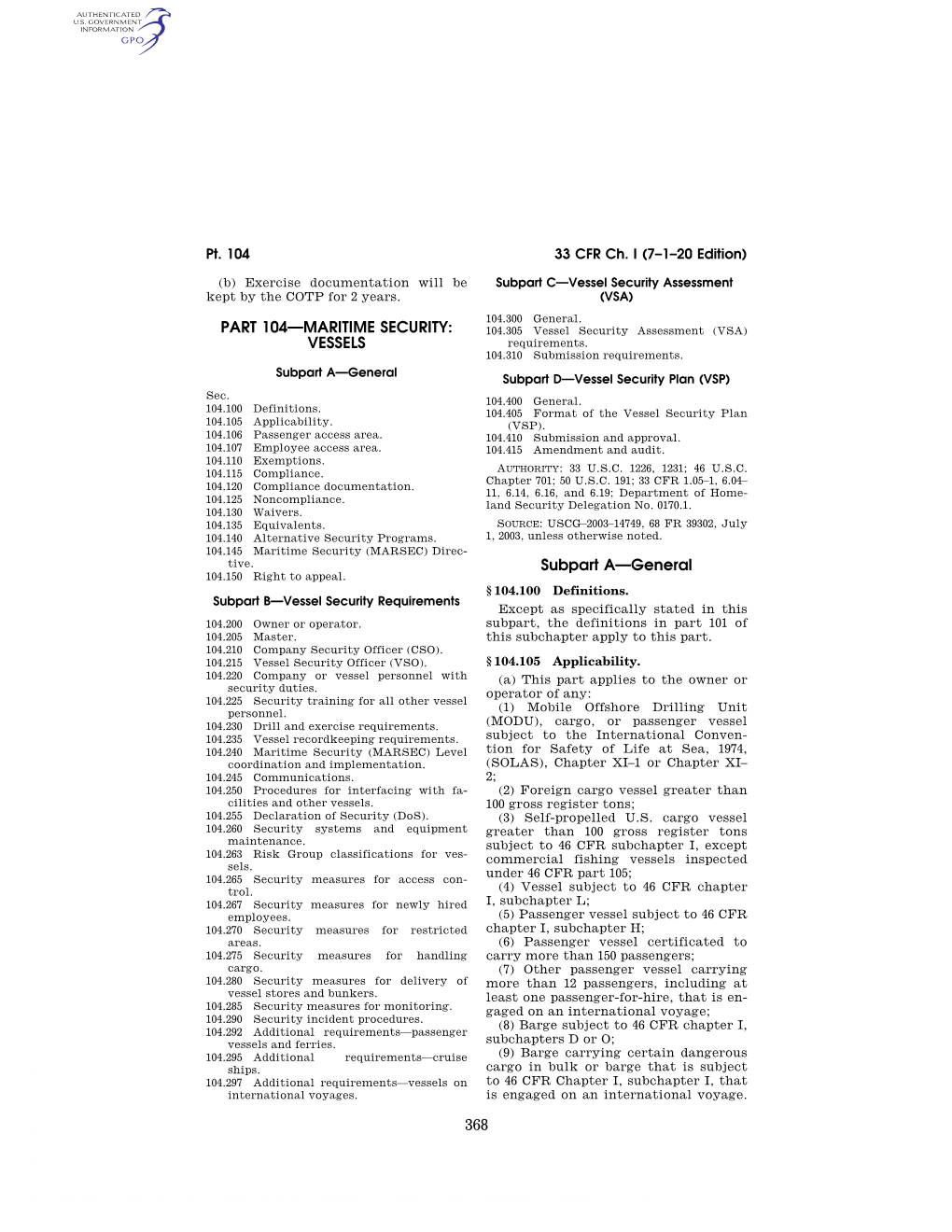 33 CFR Ch. I (7–1–20 Edition) § 104.260