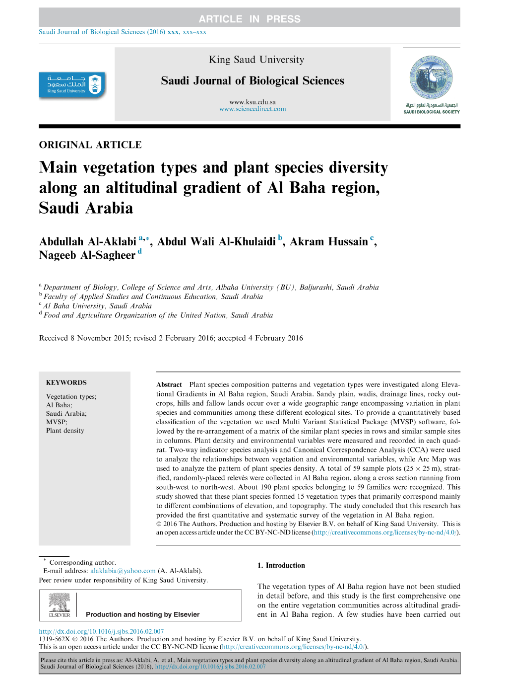 Vegetation Types and Plant Species Diversity Along an Altitudinal Gradient of Al Baha Region, Saudi Arabia