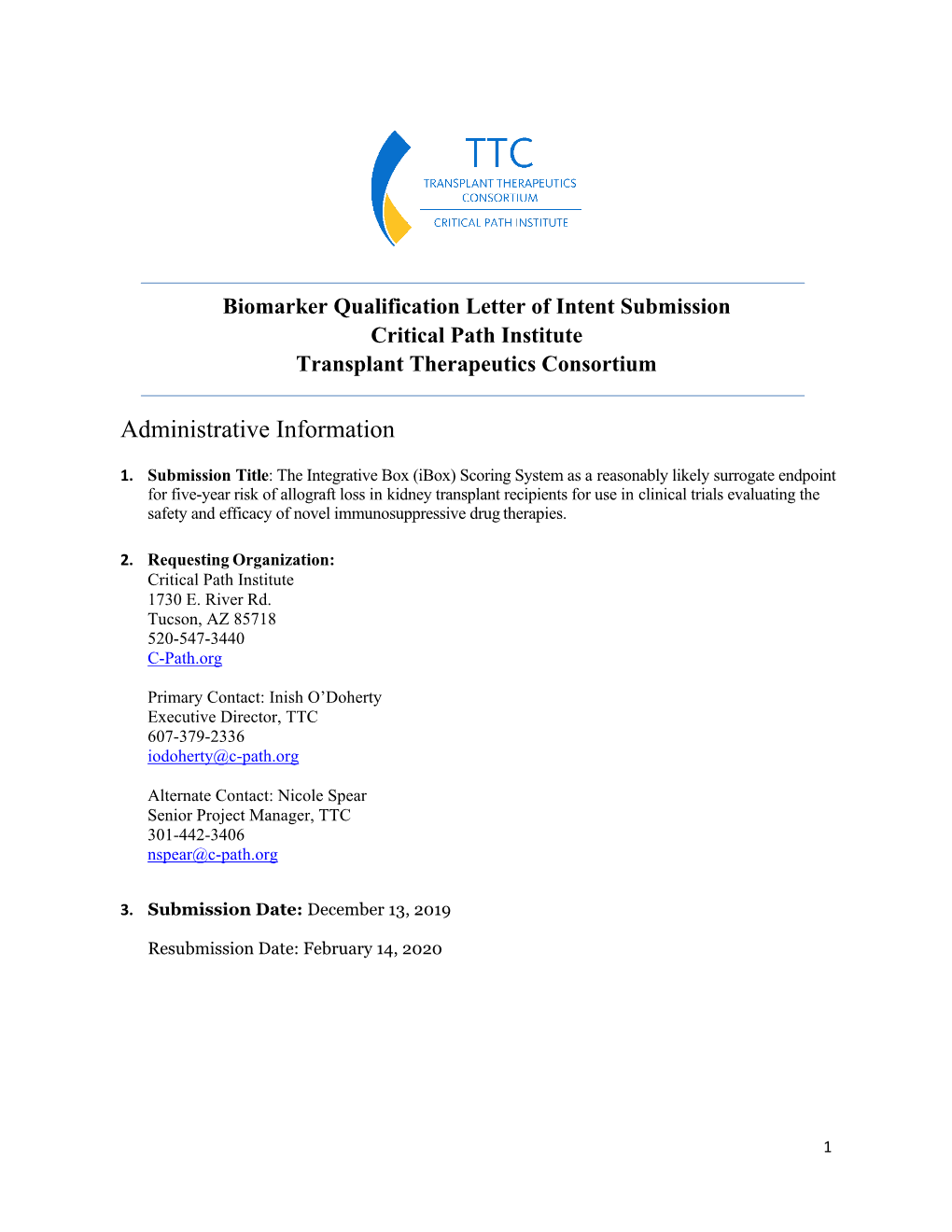 Biomarker Qualification Letter of Intent Submission Critical Path Institute Transplant Therapeutics Consortium