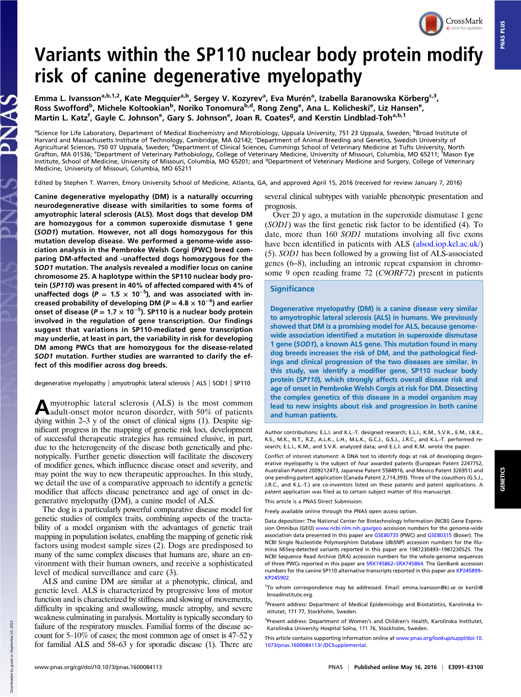 Variants Within the SP110 Nuclear Body Protein Modify Risk of Canine