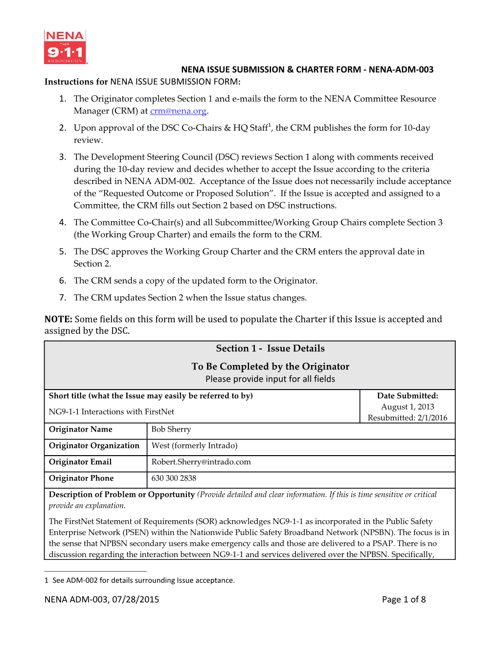 Instructions for NENA ISSUE SUBMISSION FORM