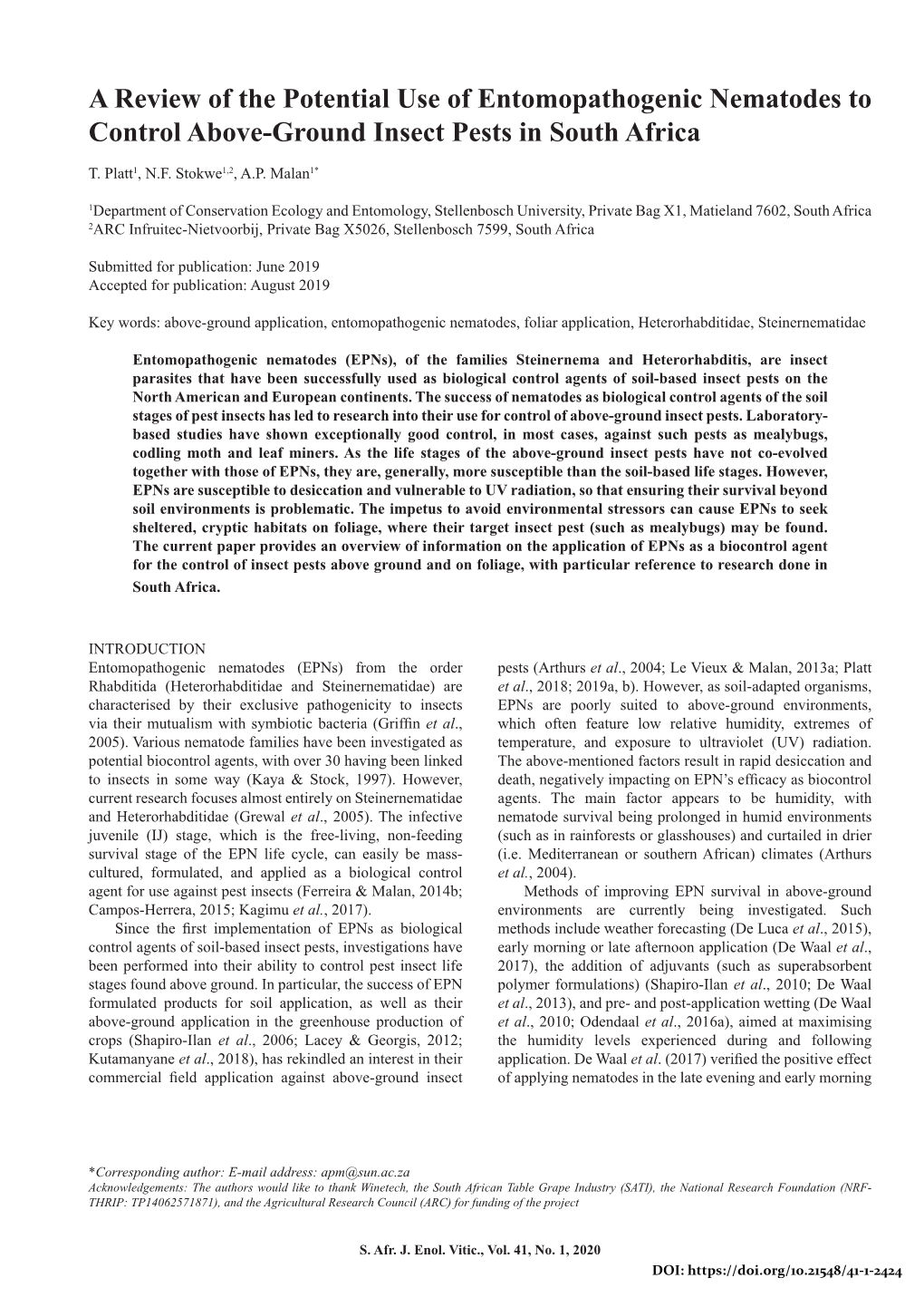 A Review of the Potential Use of Entomopathogenic Nematodes to Control Above-Ground Insect Pests in South Africa