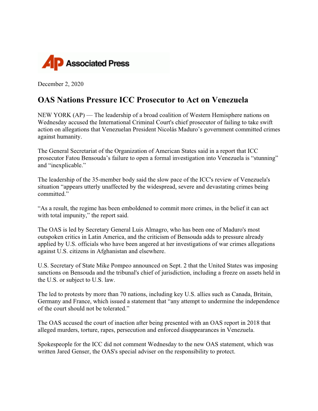 OAS Nations Pressure ICC Prosecutor to Act on Venezuela