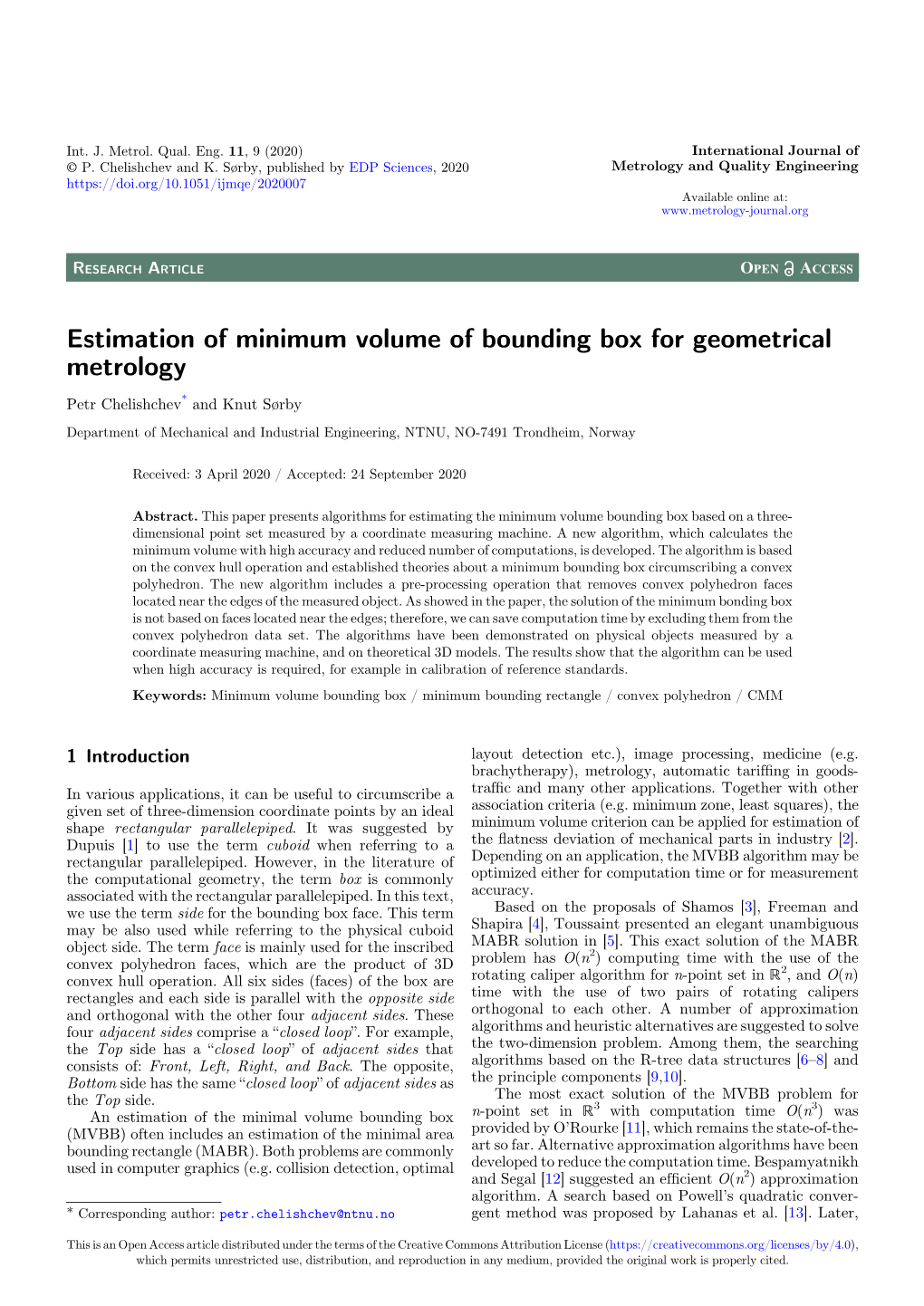 Estimation of Minimum Volume of Bounding Box for Geometrical Metrology