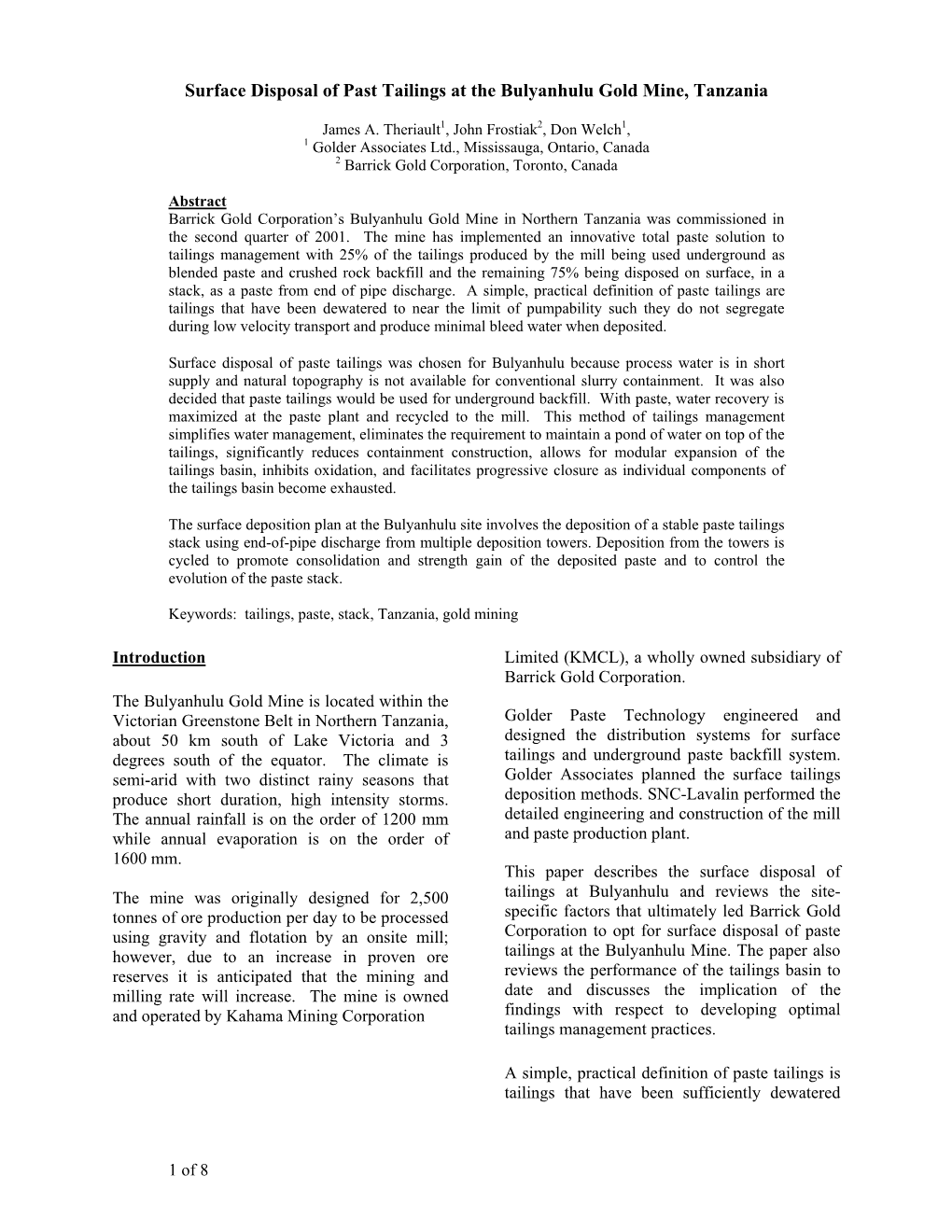 Surface Disposal of Past Tailings at the Bulyanhulu Gold Mine, Tanzania