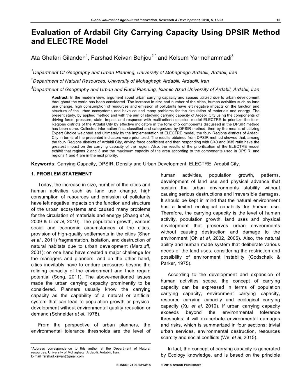 Evaluation of Ardabil City Carrying Capacity Using DPSIR Method and ELECTRE Model