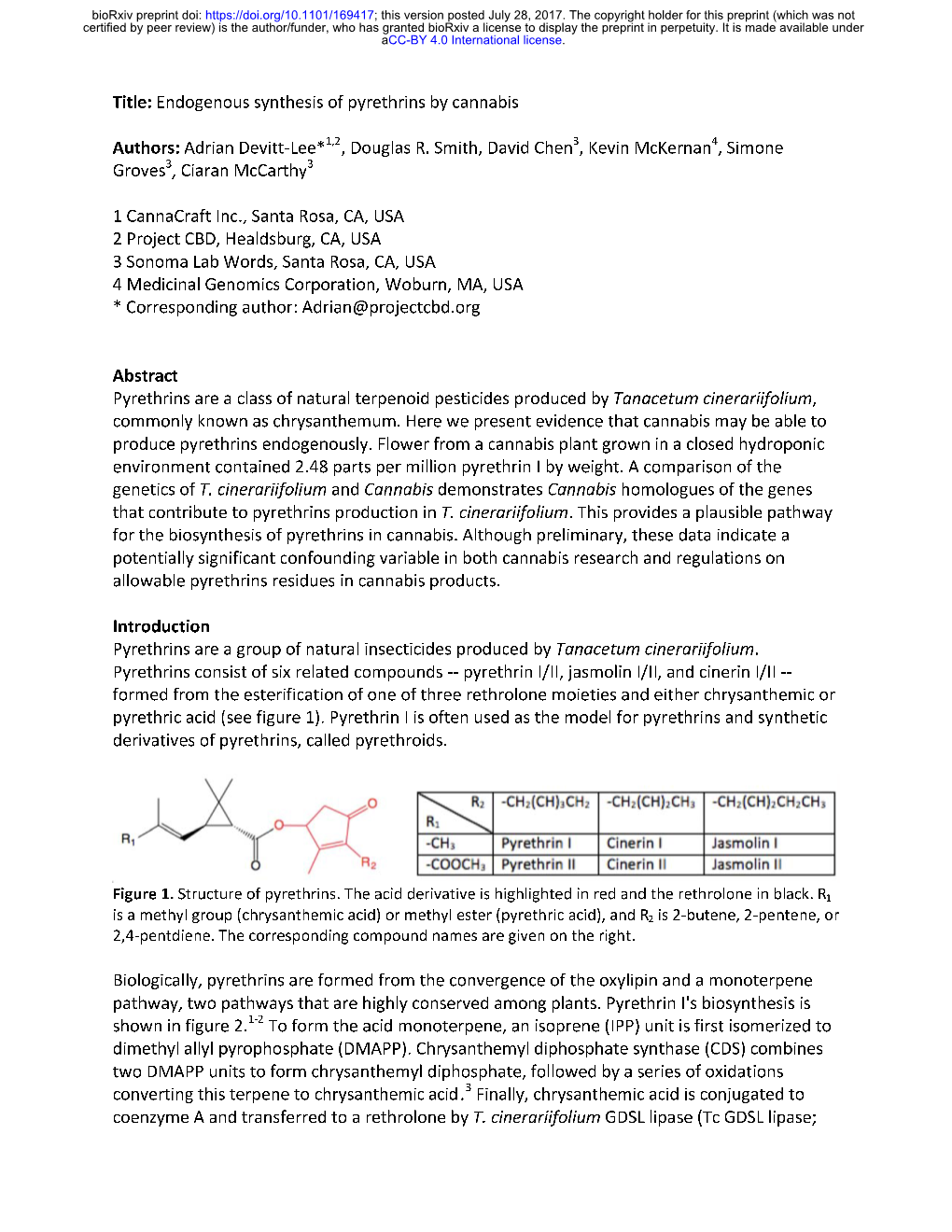 Endogenous Synthesis of Pyrethrins by Cannabis