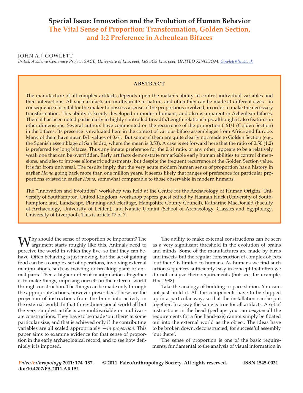 Special Issue: Innovation and the Evolution of Human Behavior the Vital Sense of Proportion: Transformation, Golden Section, and 1:2 Preference in Acheulean Bifaces