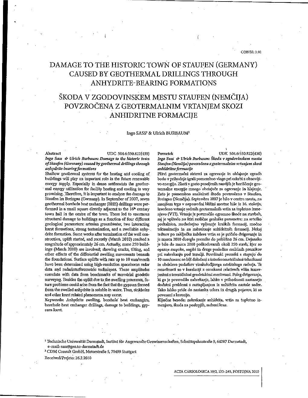 DAMAGE to the HISTORIC Town of STAU~EN (GERMANY) CAUSED by GEOTHERMAL DRILLINGS THROUGH ANHYDRITE-BEARING FORMATIONS