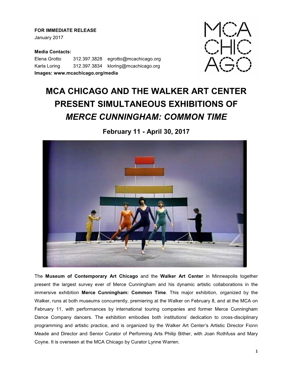 Mca Chicago and the Walker Art Center Present Simultaneous Exhibitions of Merce Cunningham: Common Time
