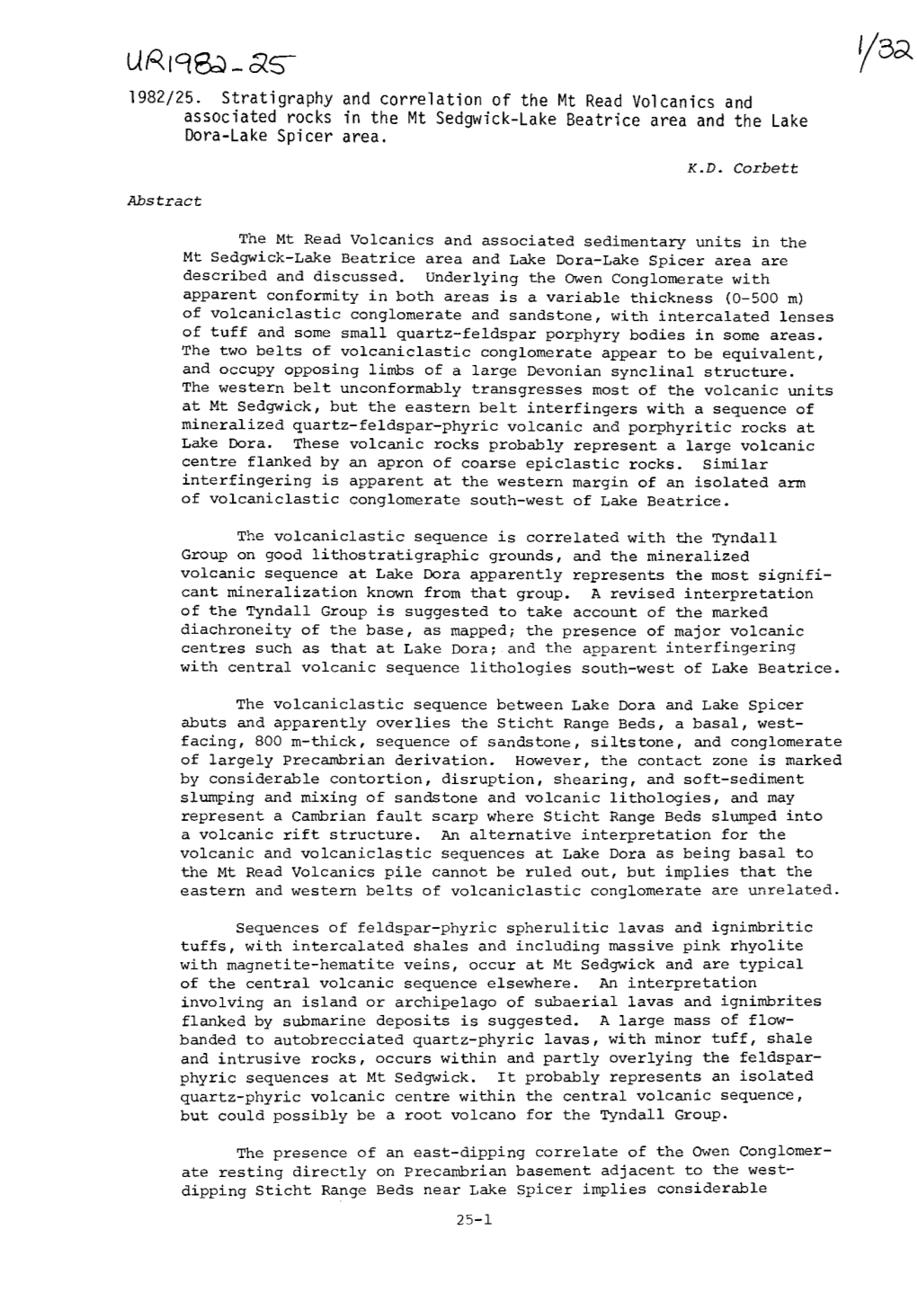 1982/25. Stratigraphy and Correlation of the Mt Read Volcanics and Associated Rocks in the Mt Sedgwick-Lake Beatrice Area and the Lake Dora-Lake Spicer Area