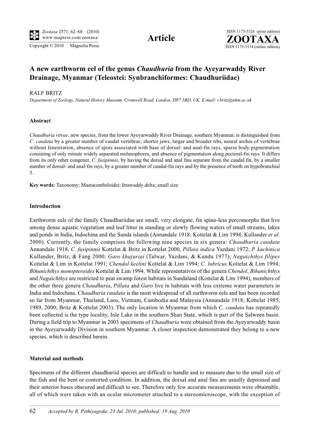 Zootaxa 2571: 62–68 (2010) ISSN 1175-5326 (Print Edition) Article ZOOTAXA Copyright © 2010 · Magnolia Press ISSN 1175-5334 (Online Edition)