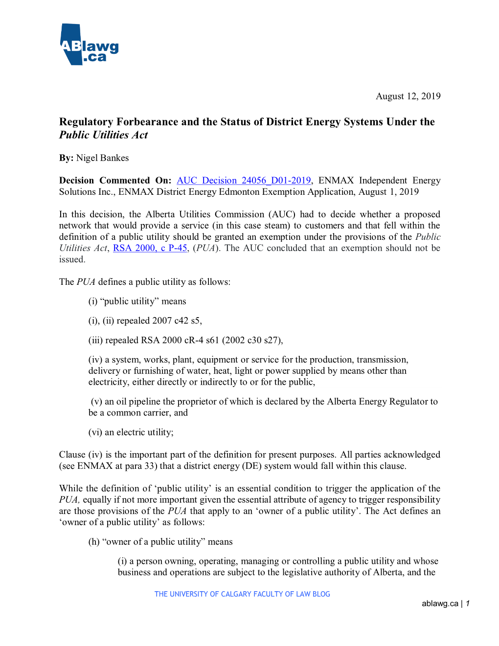 Regulatory Forbearance and the Status of District Energy Systems Under the Public Utilities Act