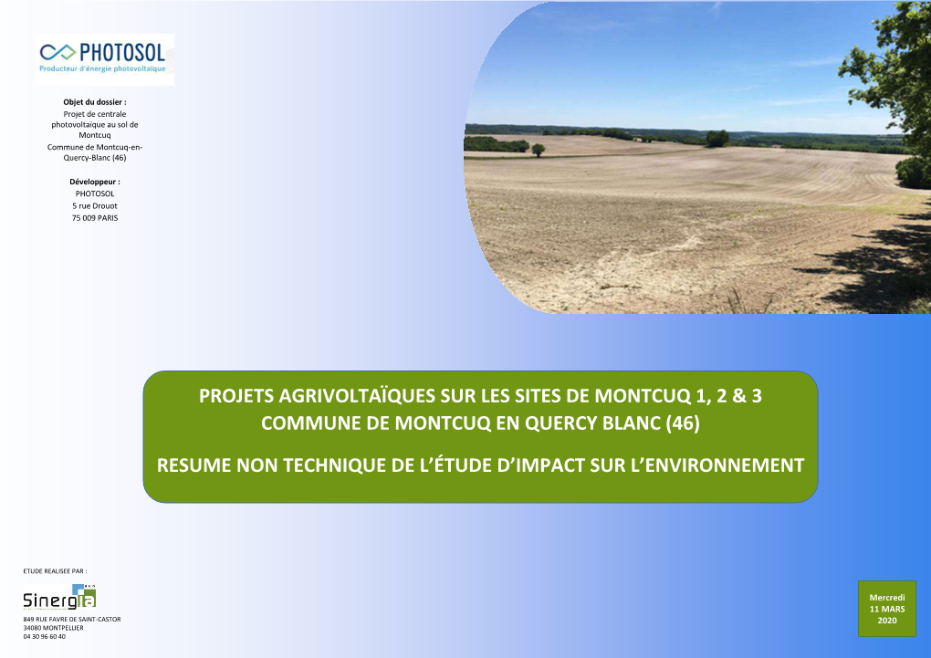 Projets Agrivoltaïques Sur Les Sites De Montcuq 1, 2 & 3