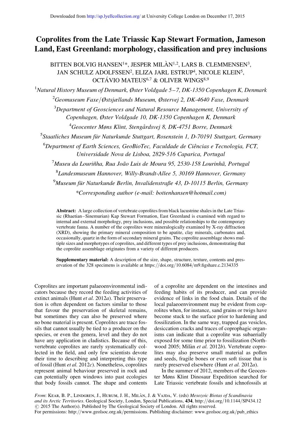 Coprolites from the Late Triassic Kap Stewart Formation, Jameson Land, East Greenland: Morphology, Classiﬁcation and Prey Inclusions