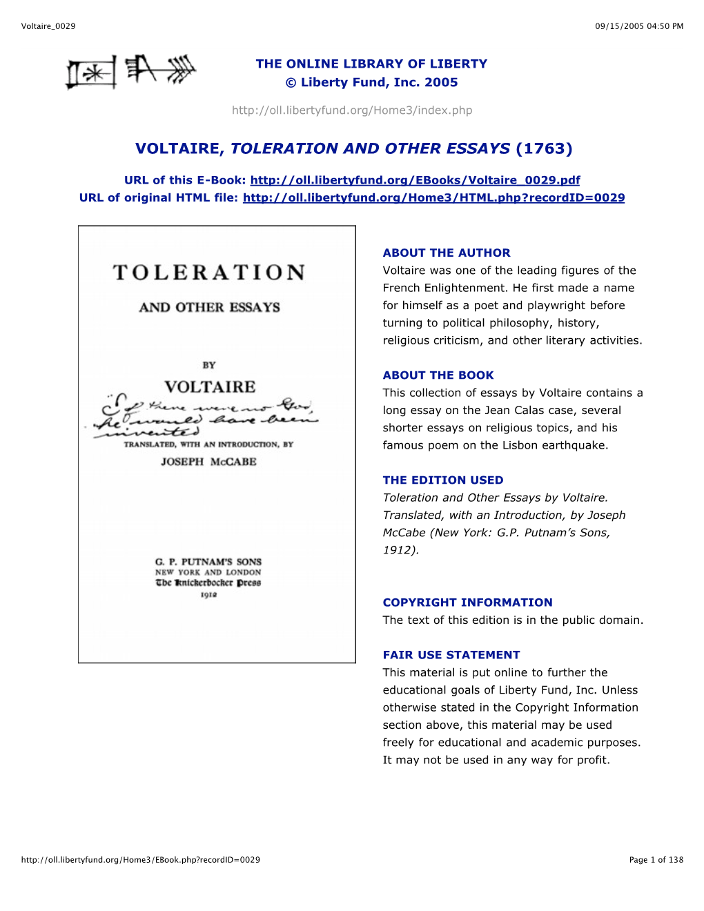 Voltaire, Toleration and Other Essays (1763)