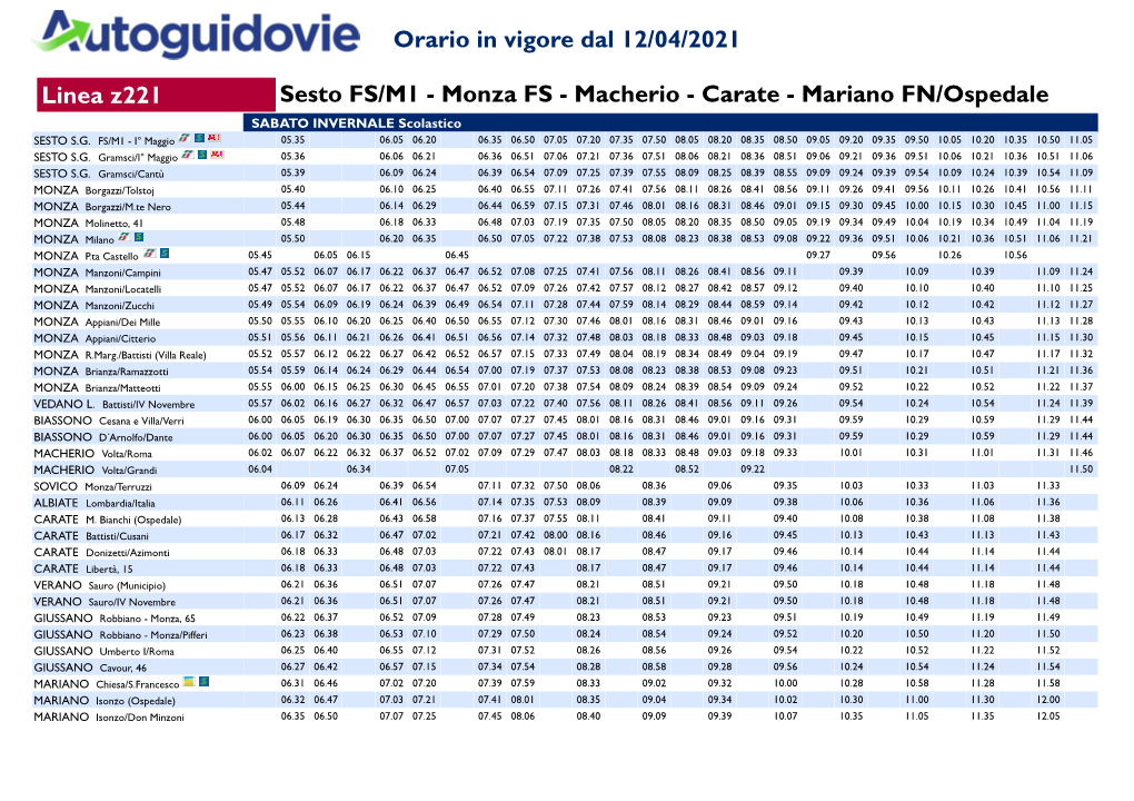 Linea Z221 Sesto FS/M1 - Monza FS - Macherio - Carate - Mariano FN/Ospedale SABATO INVERNALE Scolastico SESTO S.G