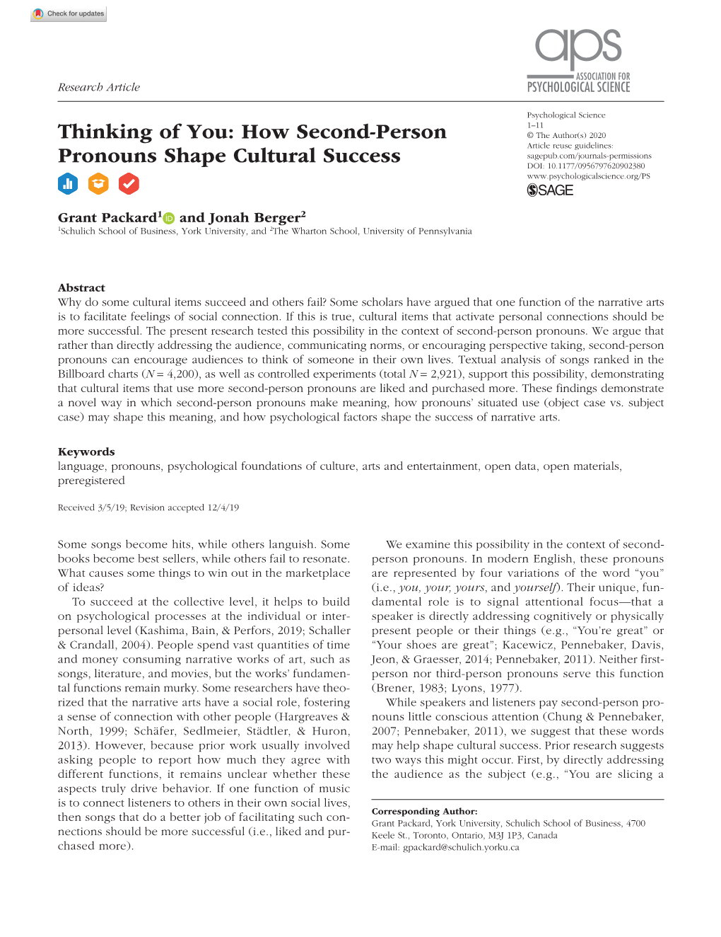 Thinking of You: How Second-Person Pronouns Shape Cultural Success