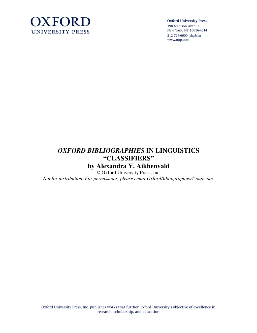 OXFORD BIBLIOGRAPHIES in LINGUISTICS “CLASSIFIERS” by Alexandra Y