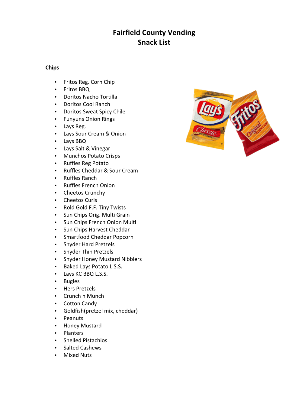 Fairfield County Vending Snack List
